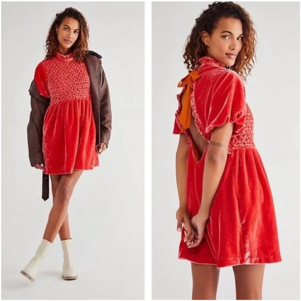 Free People Womens Gumdrop Red Orange Velvet Smocked Open Back Boho Mini Dress S